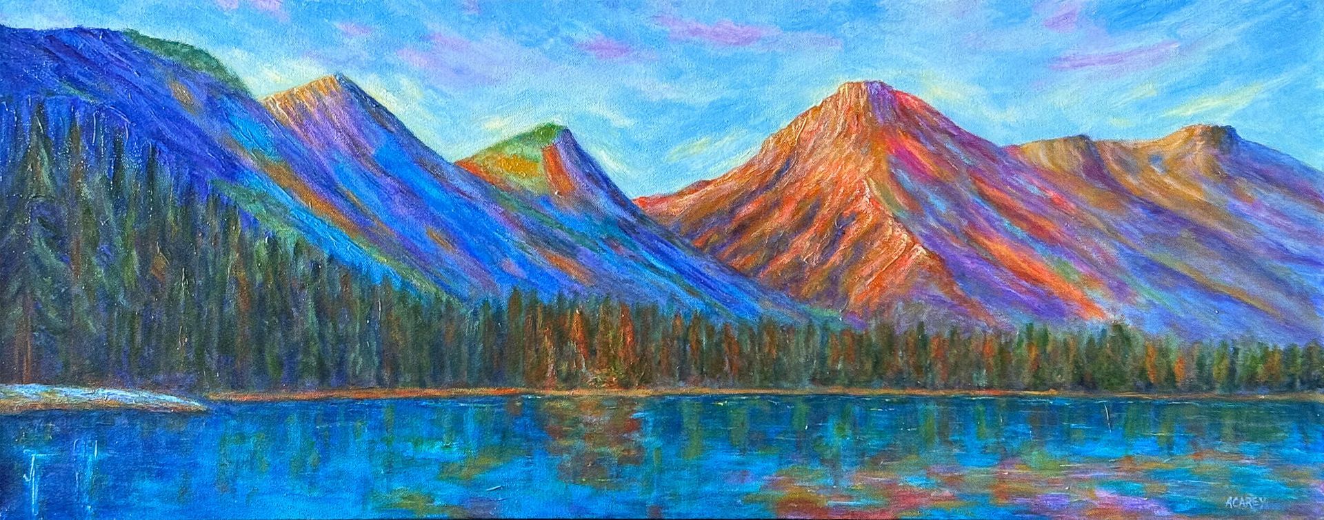 Vibrant painting of Canadian Rocky Mountains reflected in turquoise lake, inspired by Emerald Lake in Yoho National Park.