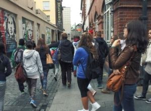 A large group of people embark on a tour of the Icon walk in Dublins Temple Bar