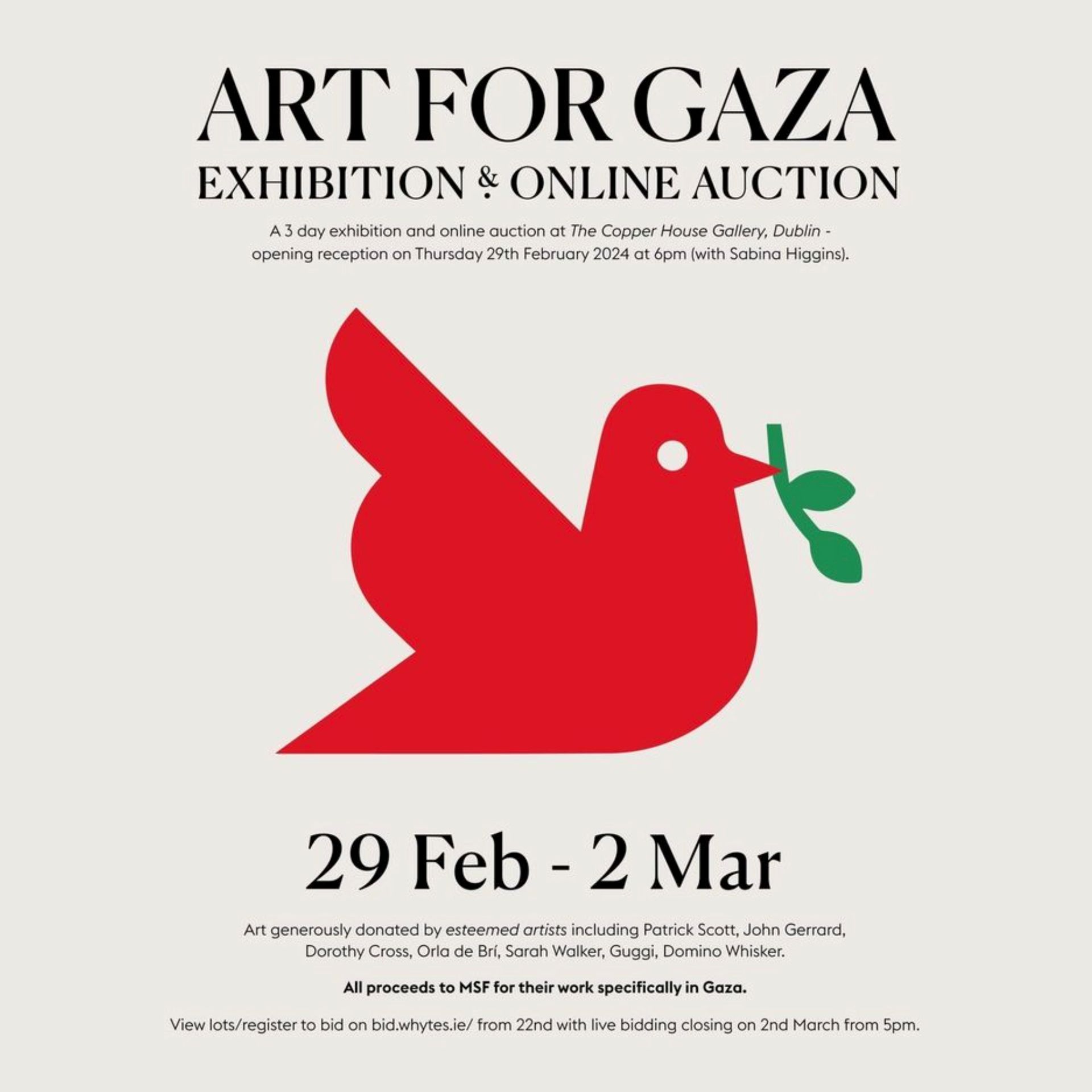 Art for Gaza Poster
Large red bird with olive branch in its beak. The poster contains the text Art For Gaza, Exhibition and online auction, 29 Feb - 2 Mar