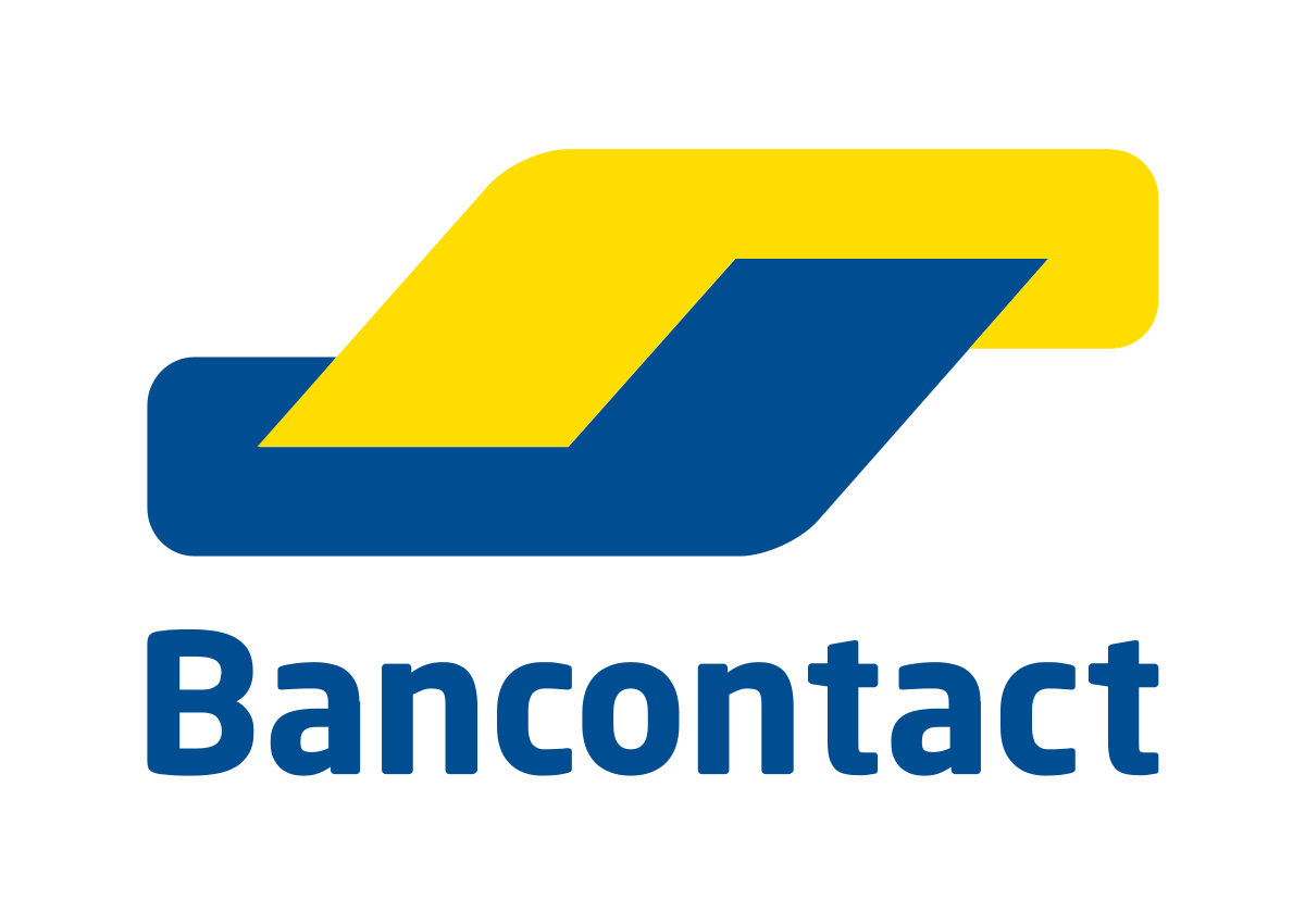 Et blåt og gult logo til bancontact på en hvid baggrund