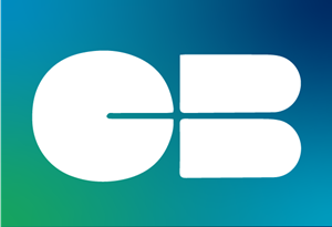 Et hvidt cb-logo på en blå og grøn baggrund