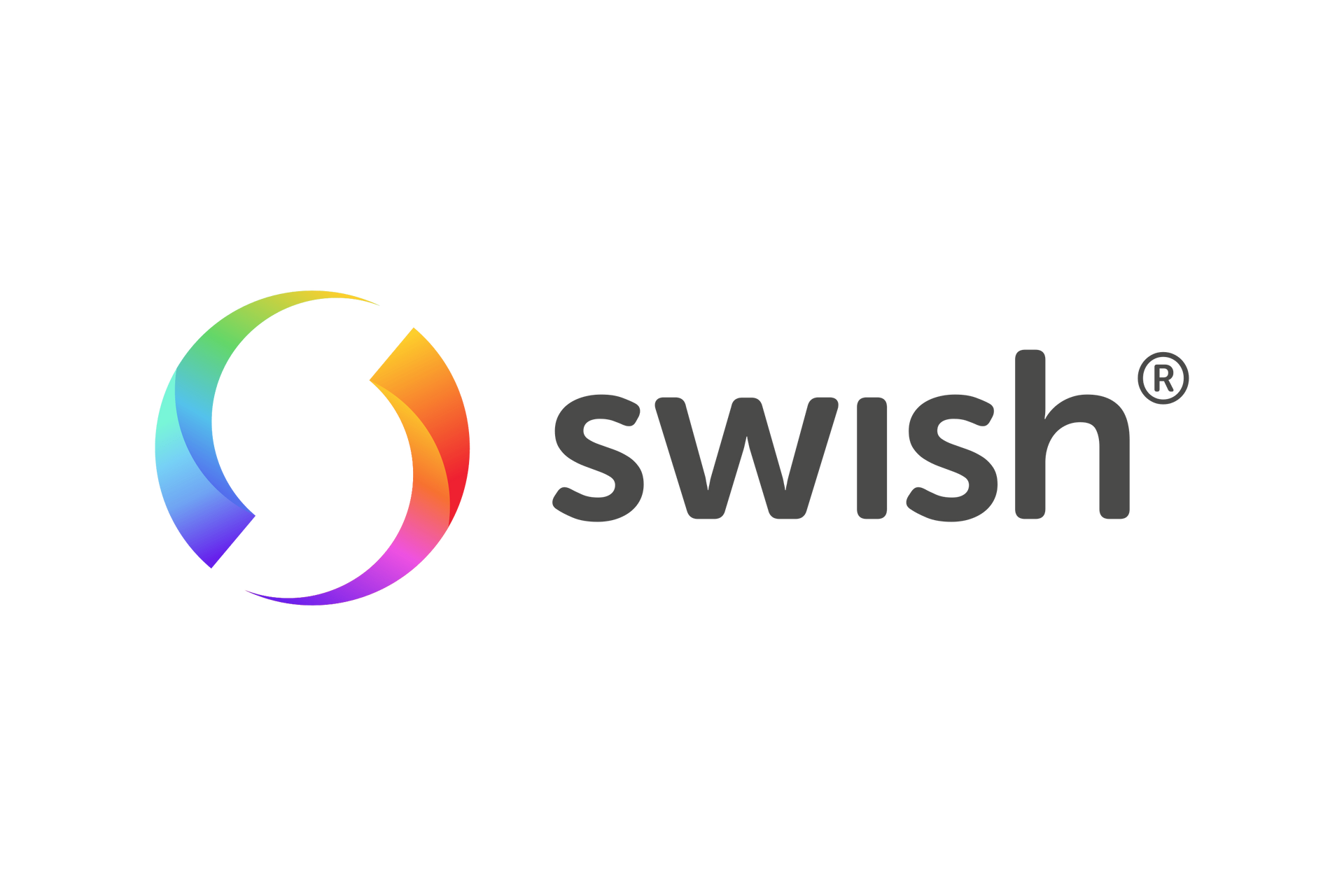 Et swish-logo med en regnbuefarvet cirkel i midten.