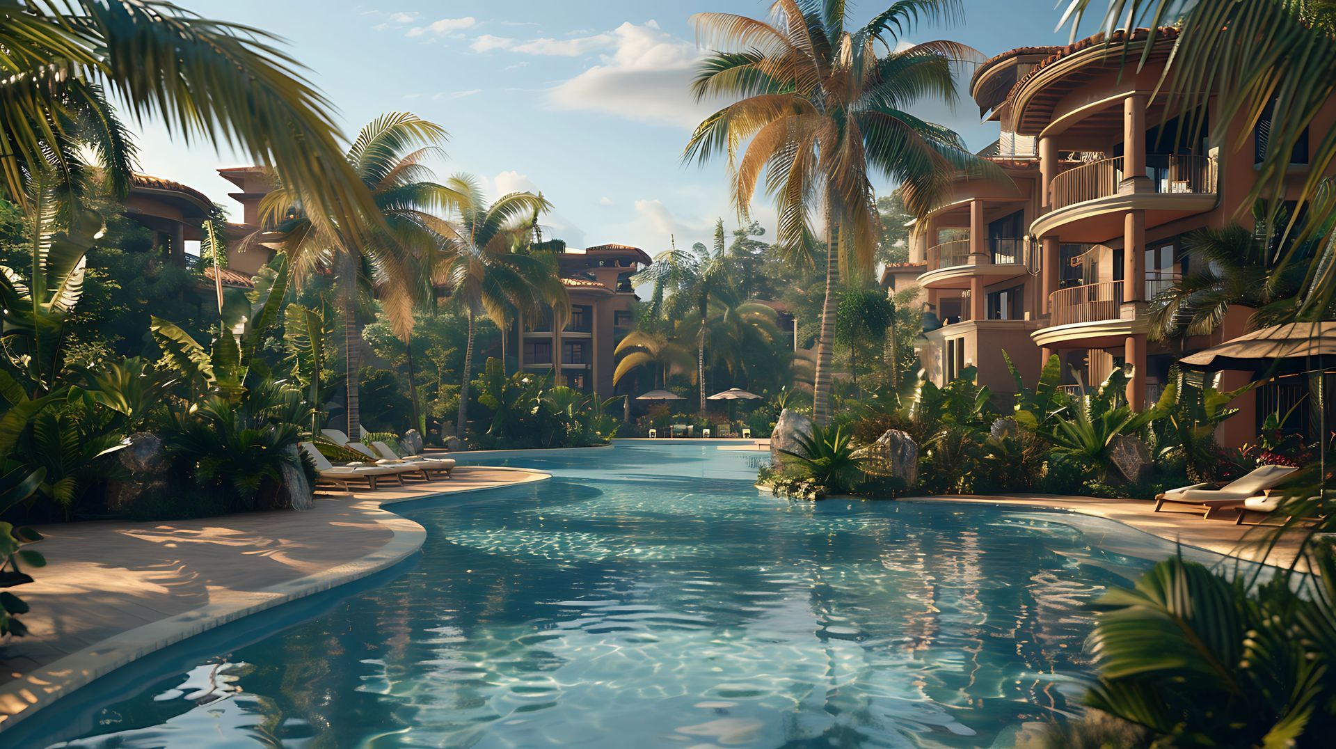 A large swimming pool surrounded by palm trees and buildings
