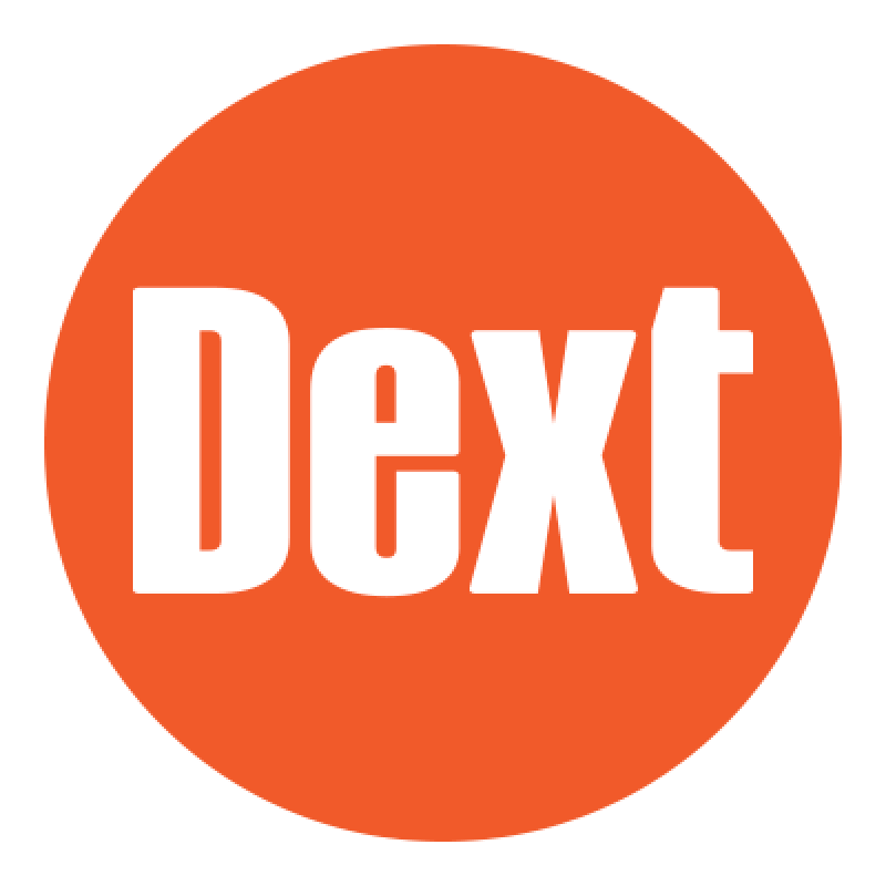 An orange circle with the word dext on it