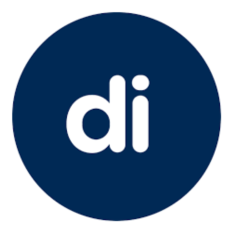 The di logo is in a blue circle on a white background.