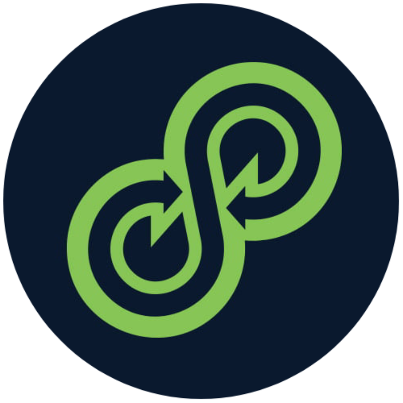 Green infinity symbol with arrows inside, on a navy blue circle.