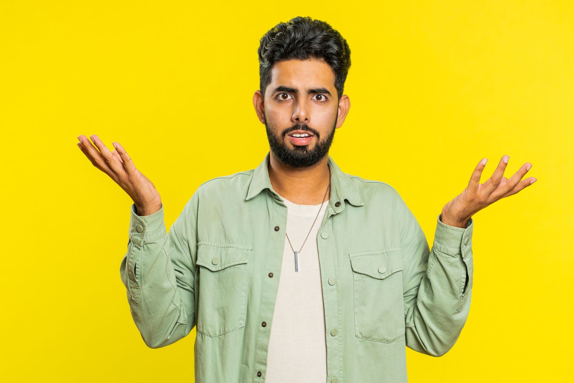 A young man with a beard is shrugging his shoulders on a yellow background.