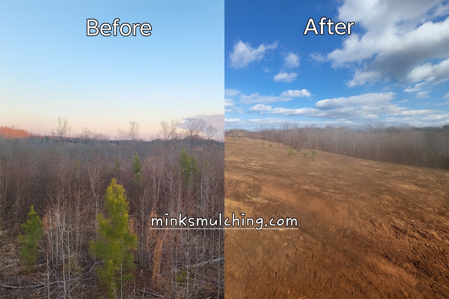 Comparison of a before and after view of cleared land, with trees in the before image and bare earth in the after. Blue sky in both.