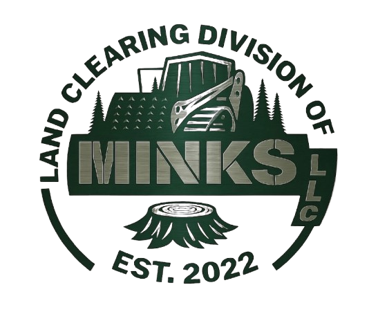 Logo for MINKS Land Clearing Division, featuring a bulldozer, trees, and a tree stump, with "EST. 2022" text.