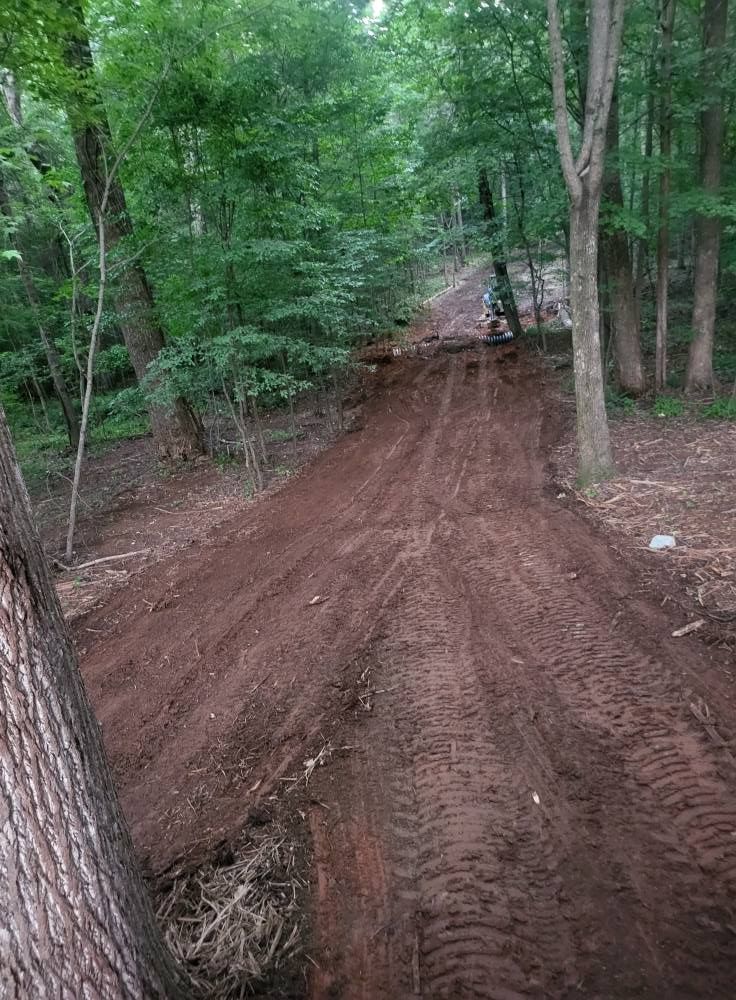 Dirt trail winding up a hill in a forest, with tire tracks visible. Trees line the sides.