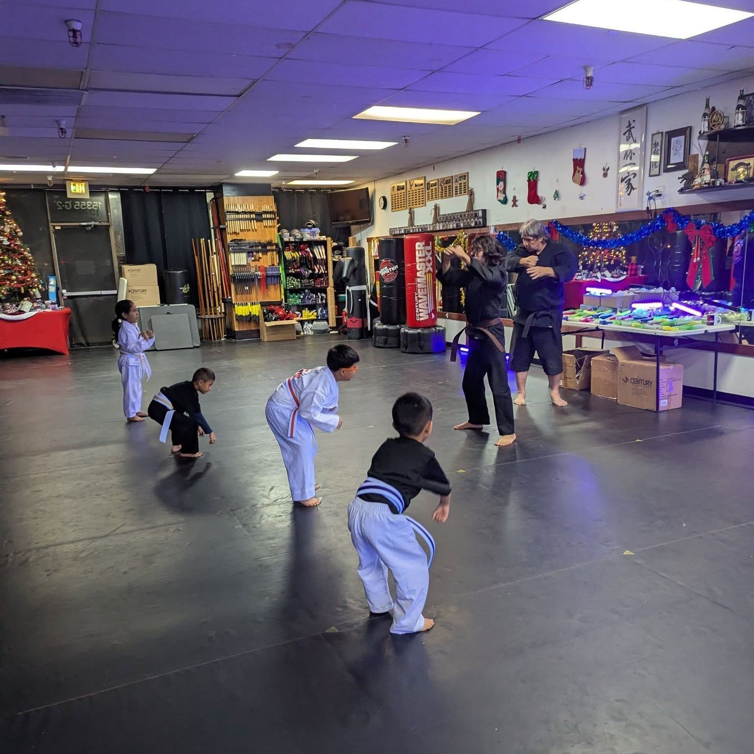 A group of children are practicing karate with a teacher in a gym.