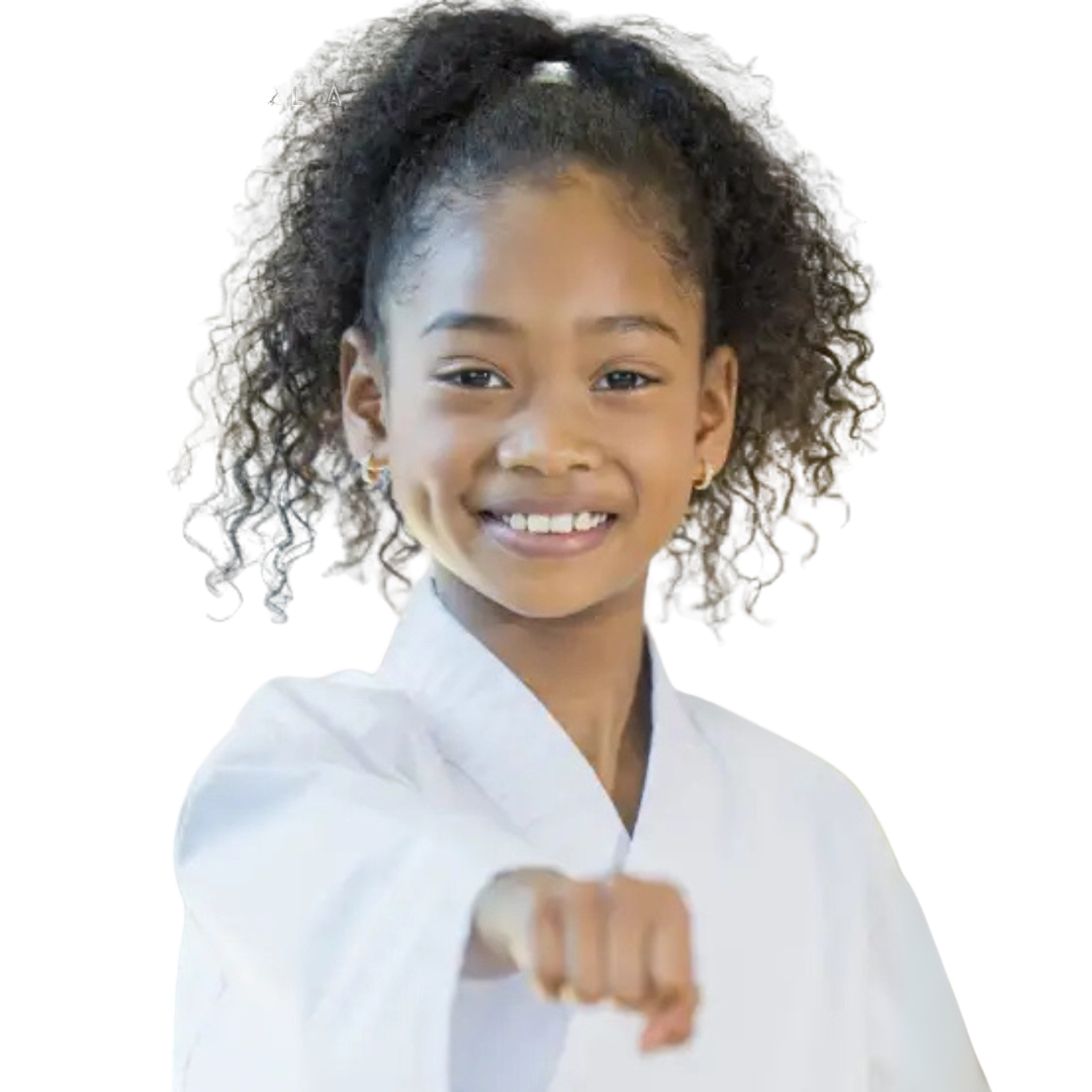 A boy and two girls are wearing karate uniforms and pointing at the camera
