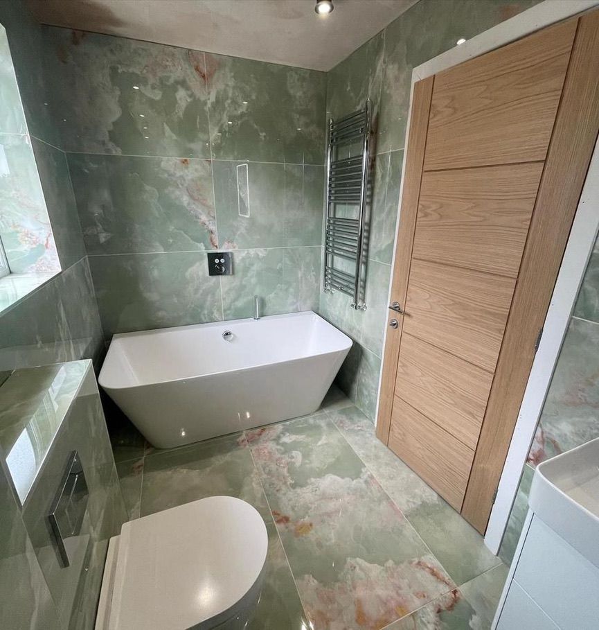 a bathroom with a modern bathtub
