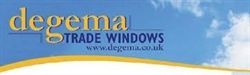 a logo for degema trade windows with a blue sky in the background