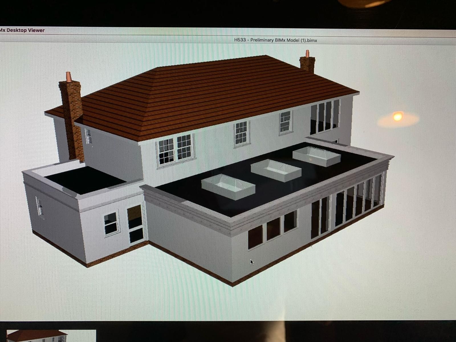 a 3d model of a house with a brown roof