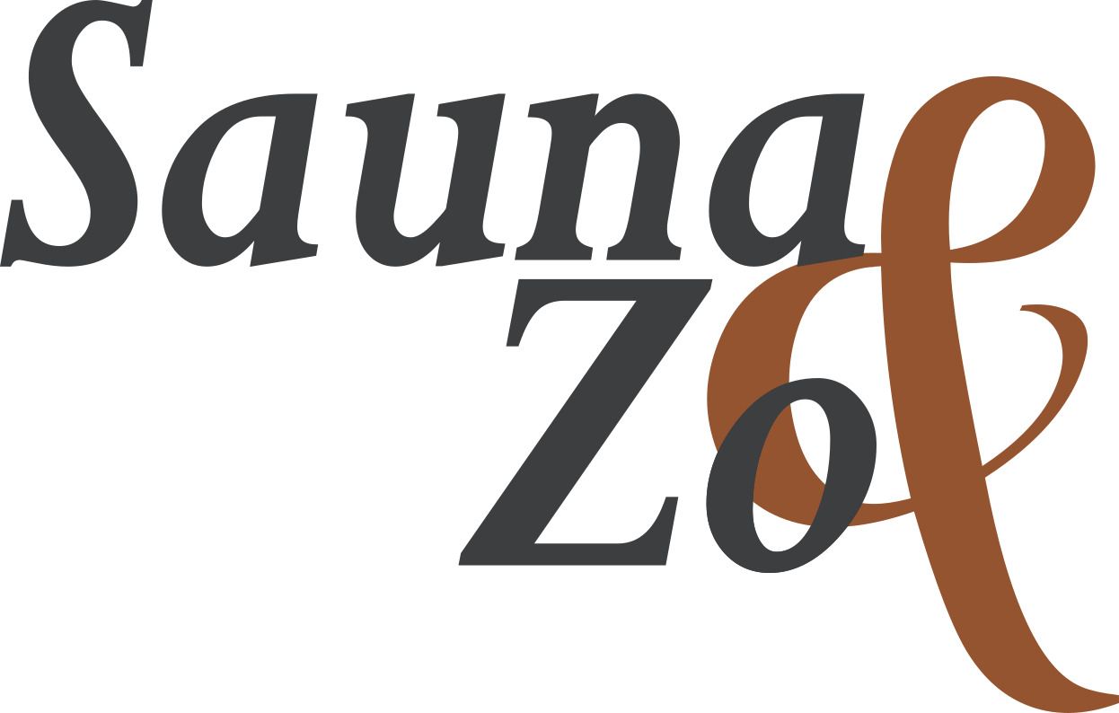 Sauna Zo& logo with dark grey and brown text, slanted.