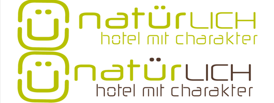 Two stacked smiley face icons with "natürlich hotel mit charakter" in green and gray.