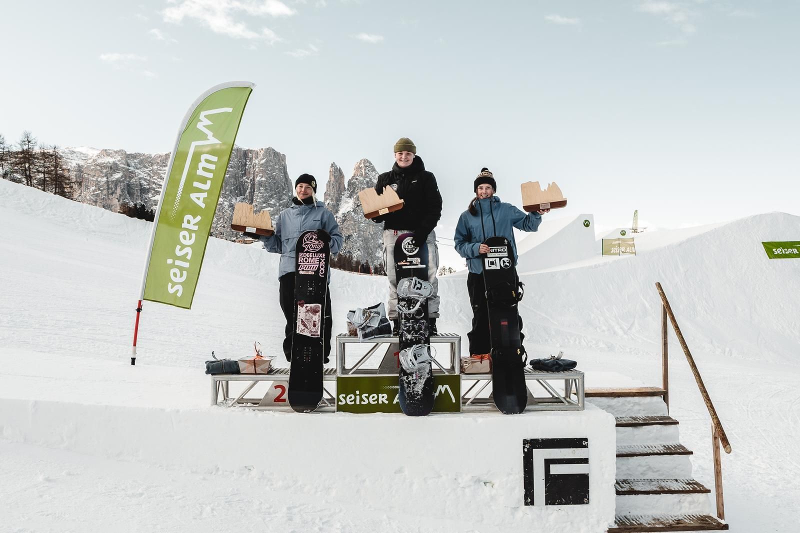 Snowboarders on a podium after a competition. They are holding prizes in a snowy, mountain setting.
