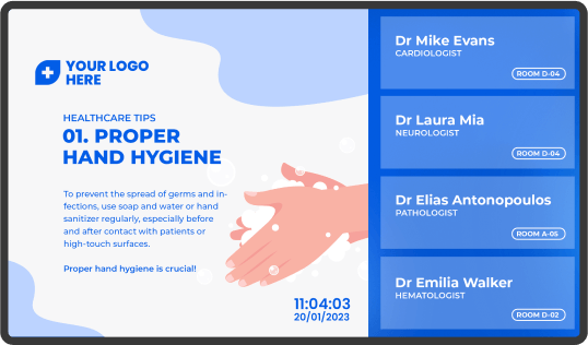 Scherm met gezondheidstips over goede handhygiëne; toont artsen en de tijd die daarvoor nodig is.