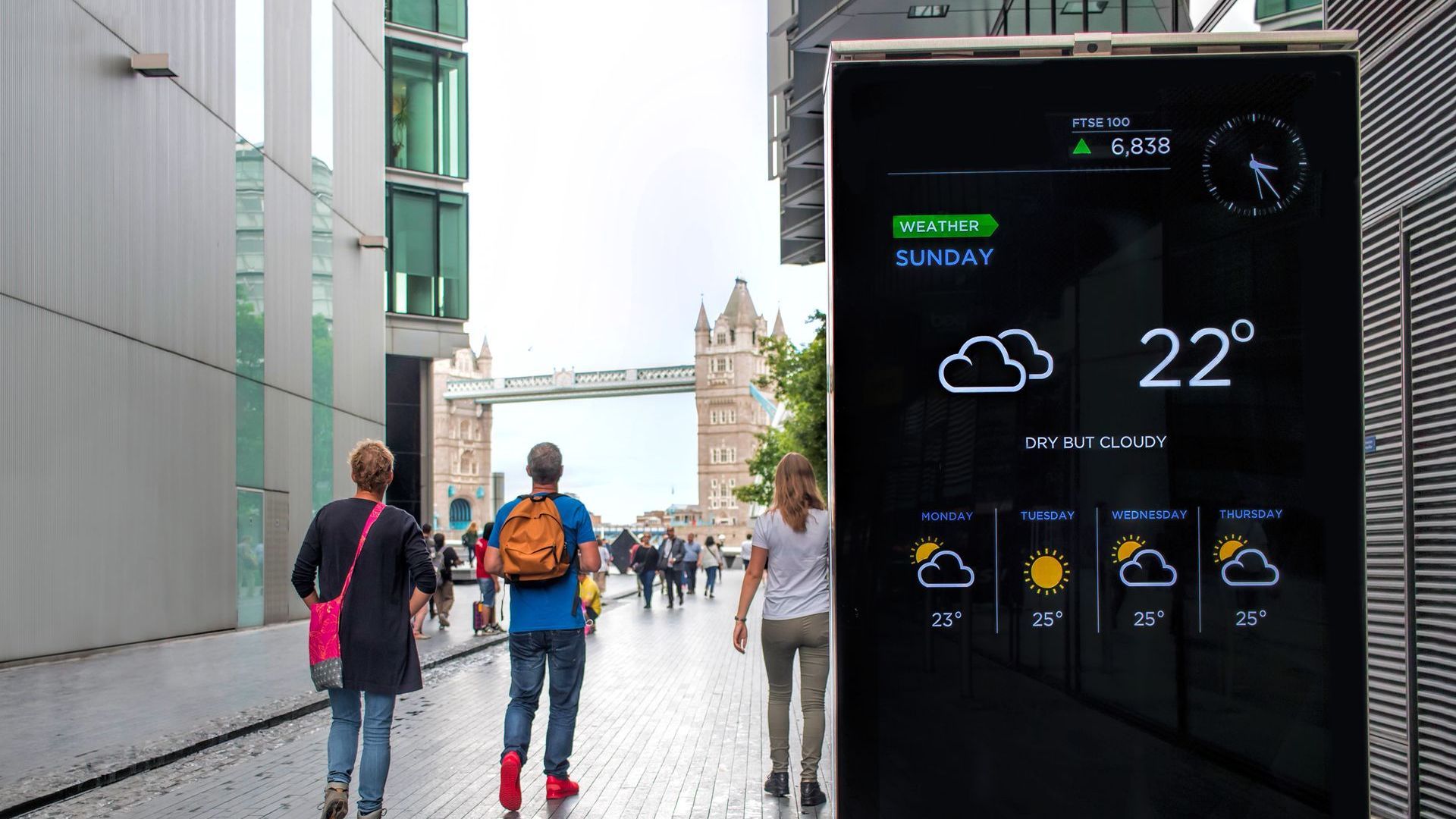 Mensen lopen richting Tower Bridge in Londen, langs een digitaal weerscherm waarop 22 graden Celsius en gedeeltelijk bewolkt te zien is.