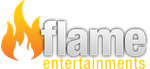 Logo for Flame Entertainments with an orange flame graphic next to the word "flame" in silver and "entertainments" below.