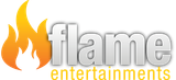 Logo for Flame Entertainments with an orange flame graphic next to the word "flame" in silver and "entertainments" below.