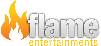 The logo for Flame Entertainments features a stylized orange and yellow flame icon next to the word