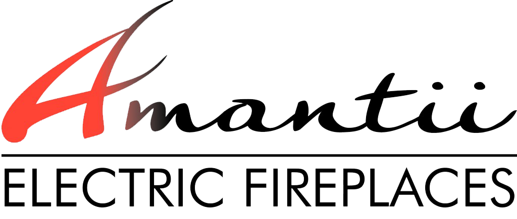 Logo for Amantii Electric Fireplaces. Red and black stylized text with a line beneath reading