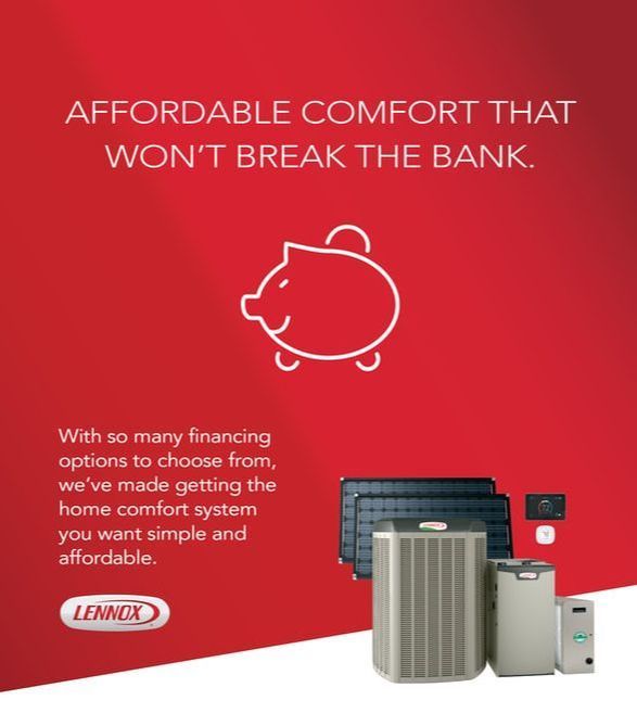 Advertisement for Lennox HVAC systems with a piggy bank icon and systems, red background.