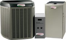 Lennox HVAC system: outdoor unit, air handler, and humidifier in neutral colors.