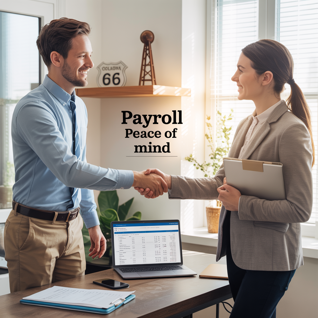 A man and a woman are shaking hands in front of a laptop computer.