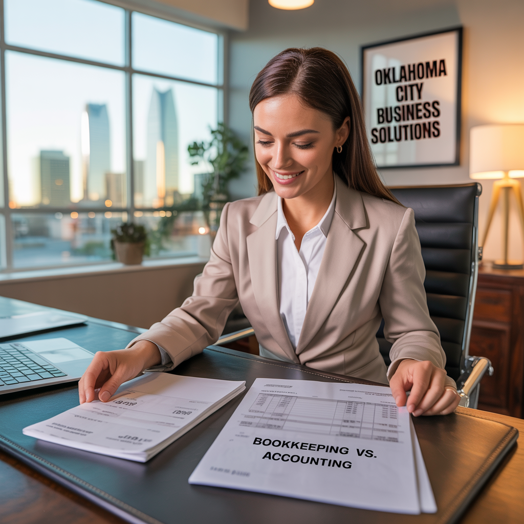 A woman is sitting at a desk in front of a sign that says oklahoma city business solutions.