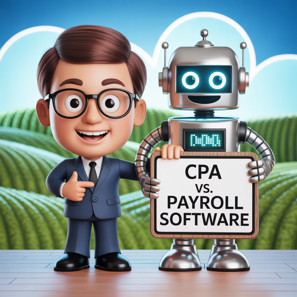 A man and a robot are holding a sign that says cpa vs. payroll software