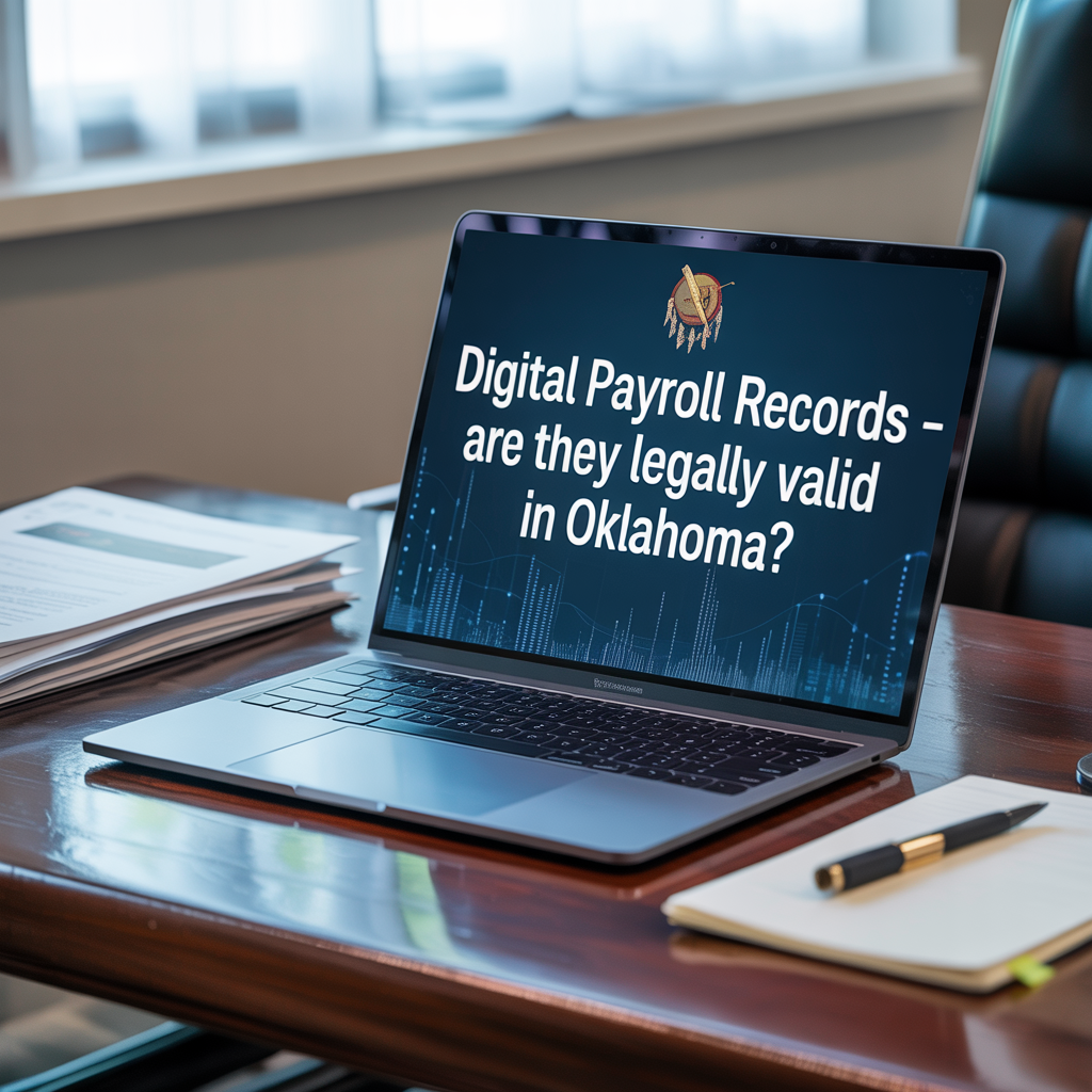 A laptop on a desk that says digital payroll records are they legally valid in oklahoma