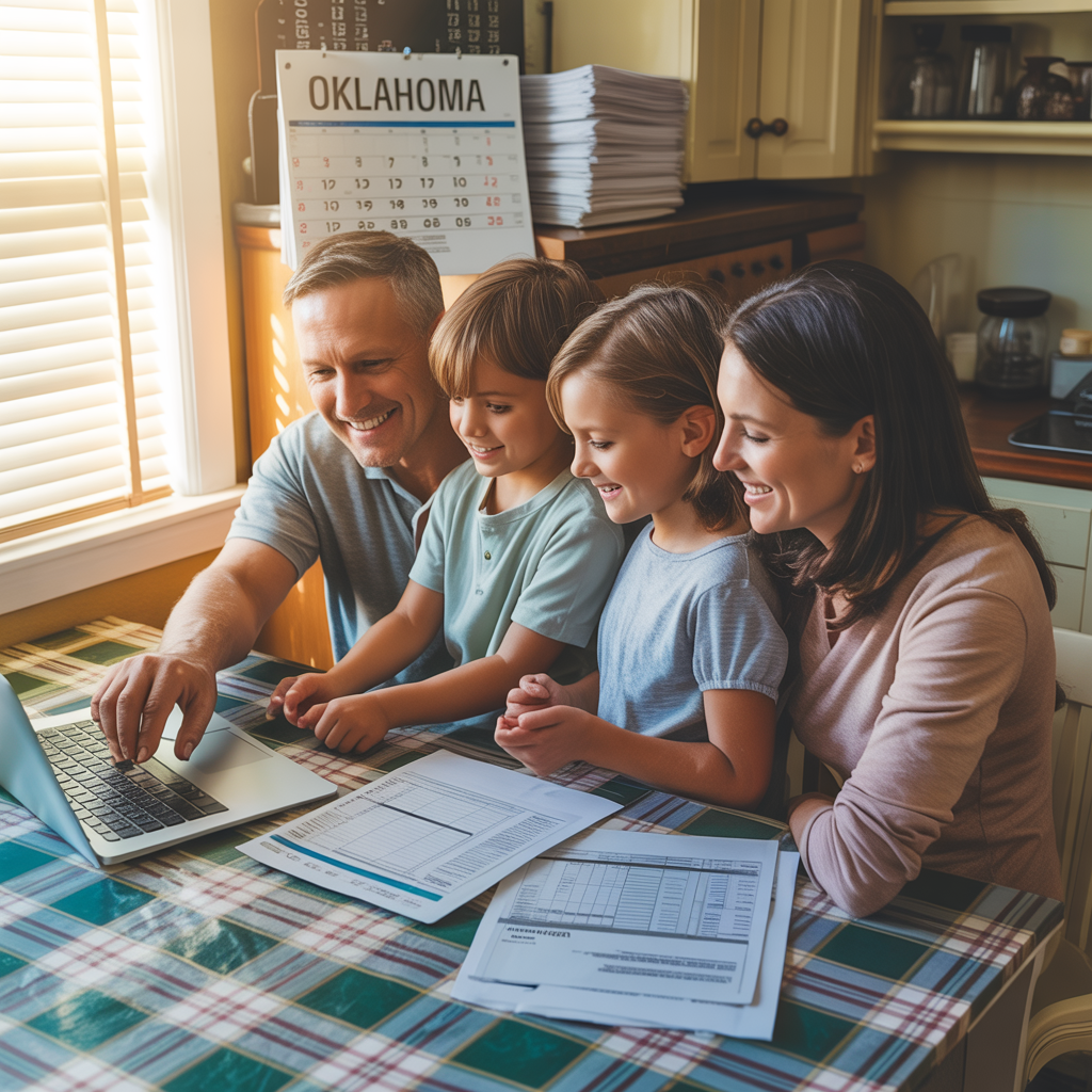 A family is sitting at a table looking at a laptop computer.