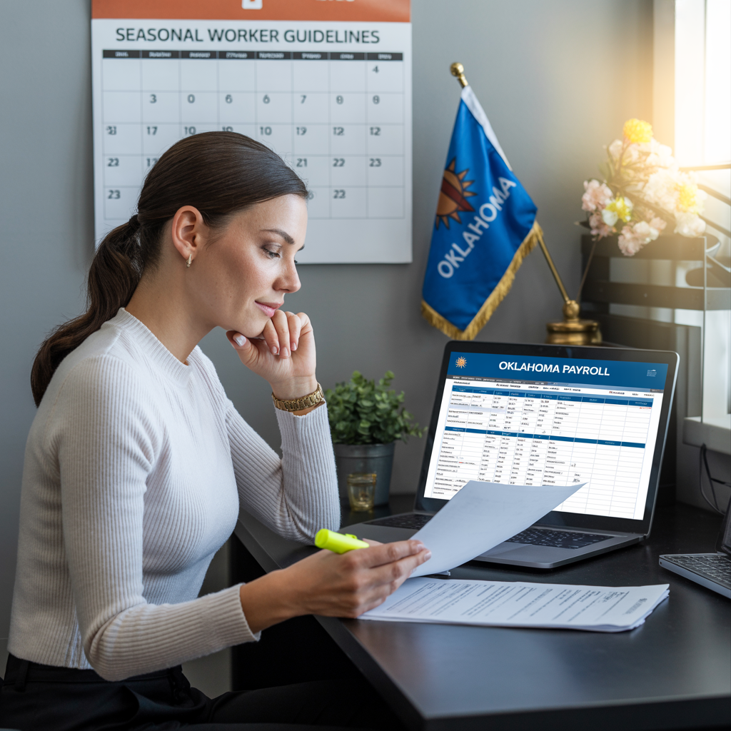 A woman is sitting at a desk with a laptop and a calendar on the wall.