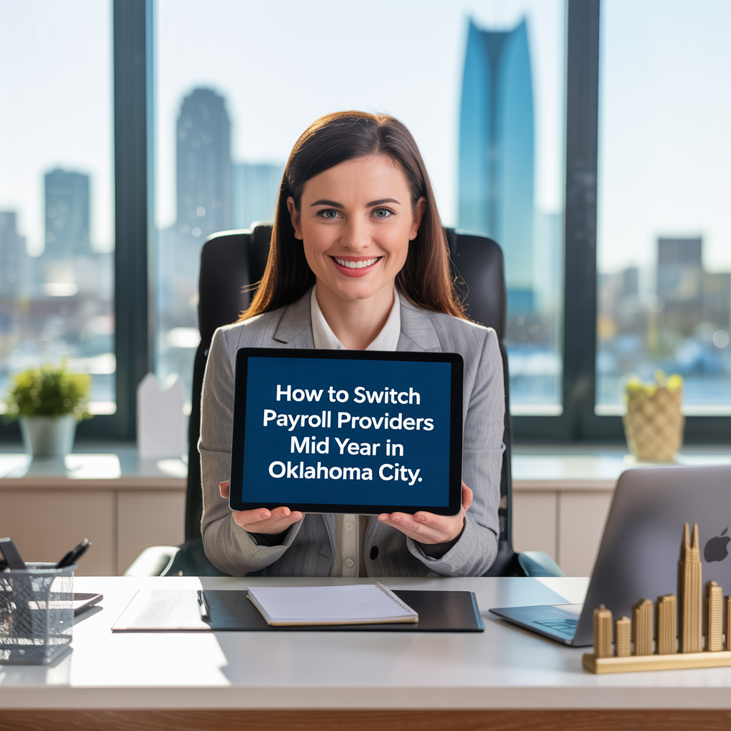 A woman is sitting at a desk holding a tablet that says how to switch payroll providers mid year in oklahoma city