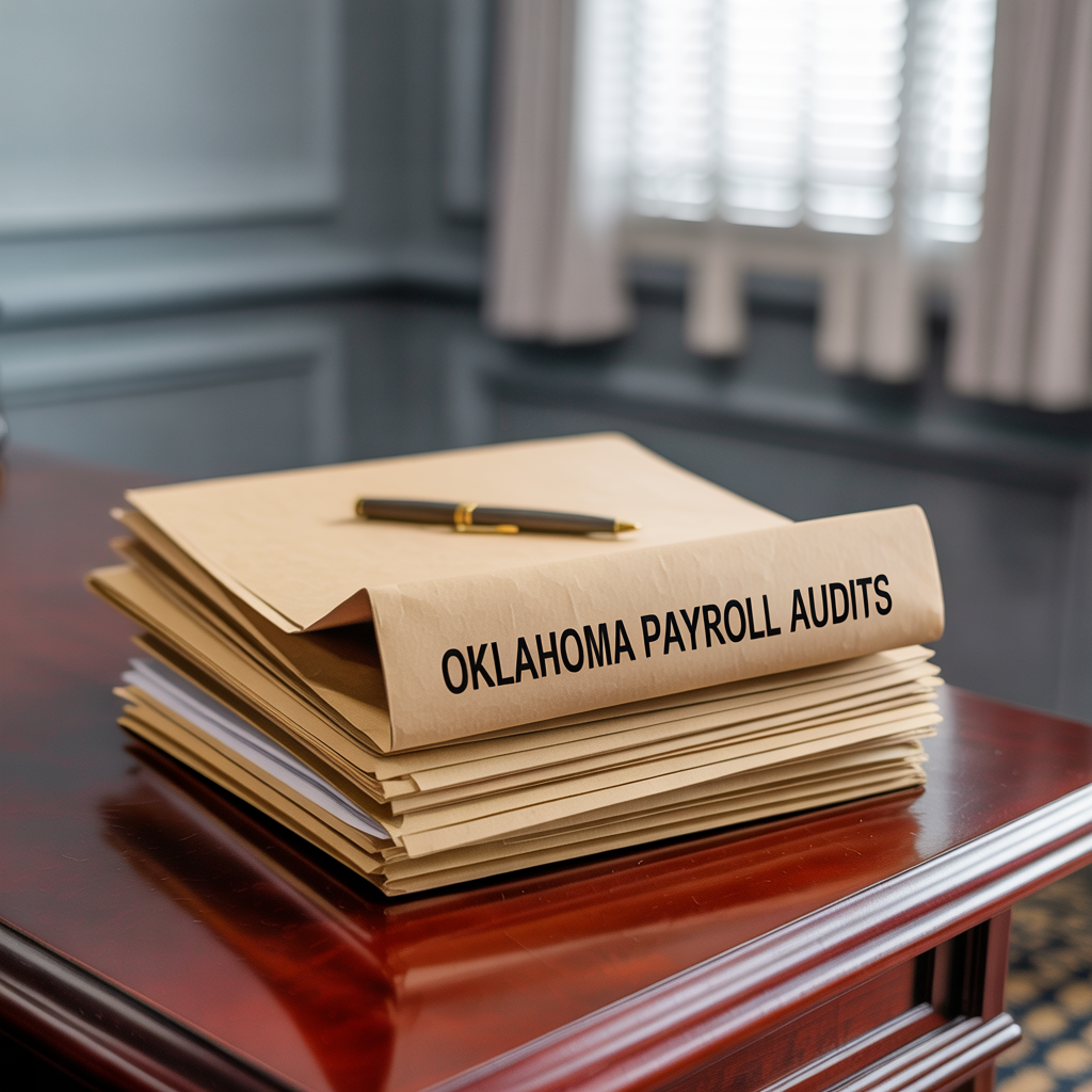 A stack of oklahoma payroll audits on a desk