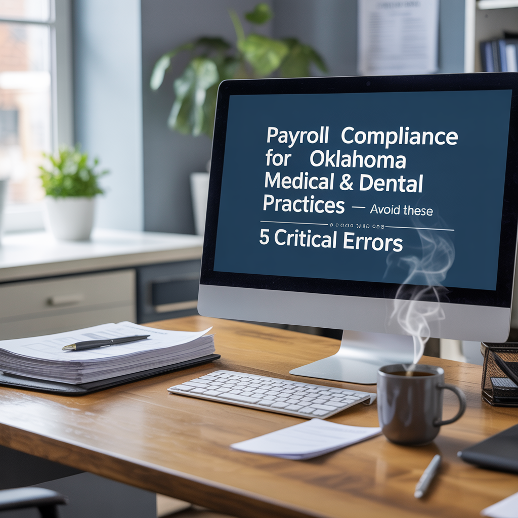 A computer on a desk that says payroll compliance for oklahoma medical and dental practices