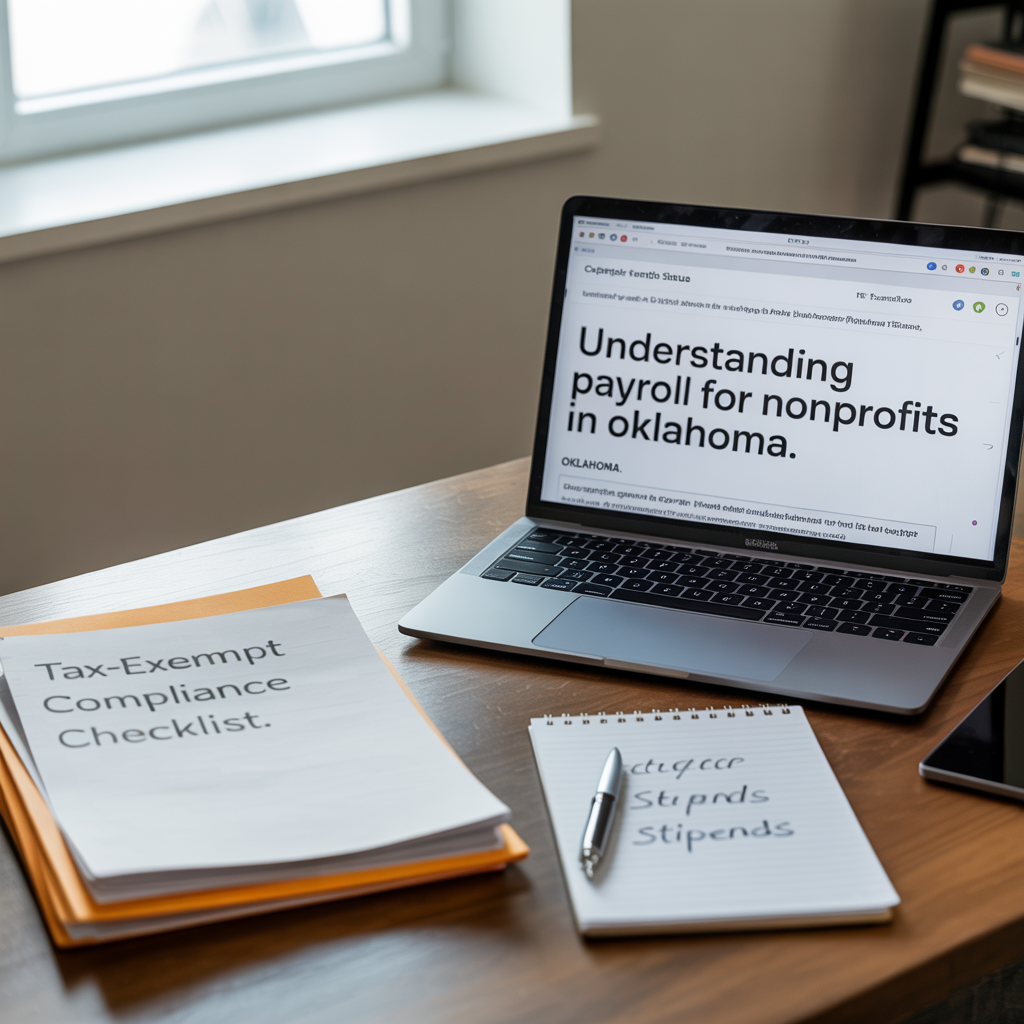A laptop computer is open to a page that says understanding payroll for nonprofits in oklahoma.