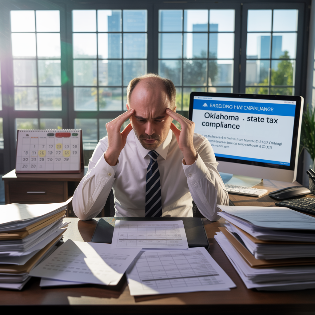 A man sitting at a desk with a computer that says oklahoma state tax compliance