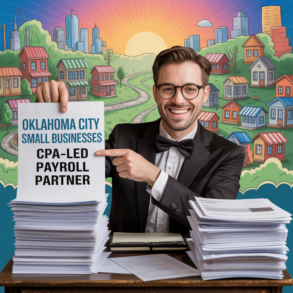 A man is sitting at a desk holding a sign that says oklahoma city small businesses cpa led payroll partner