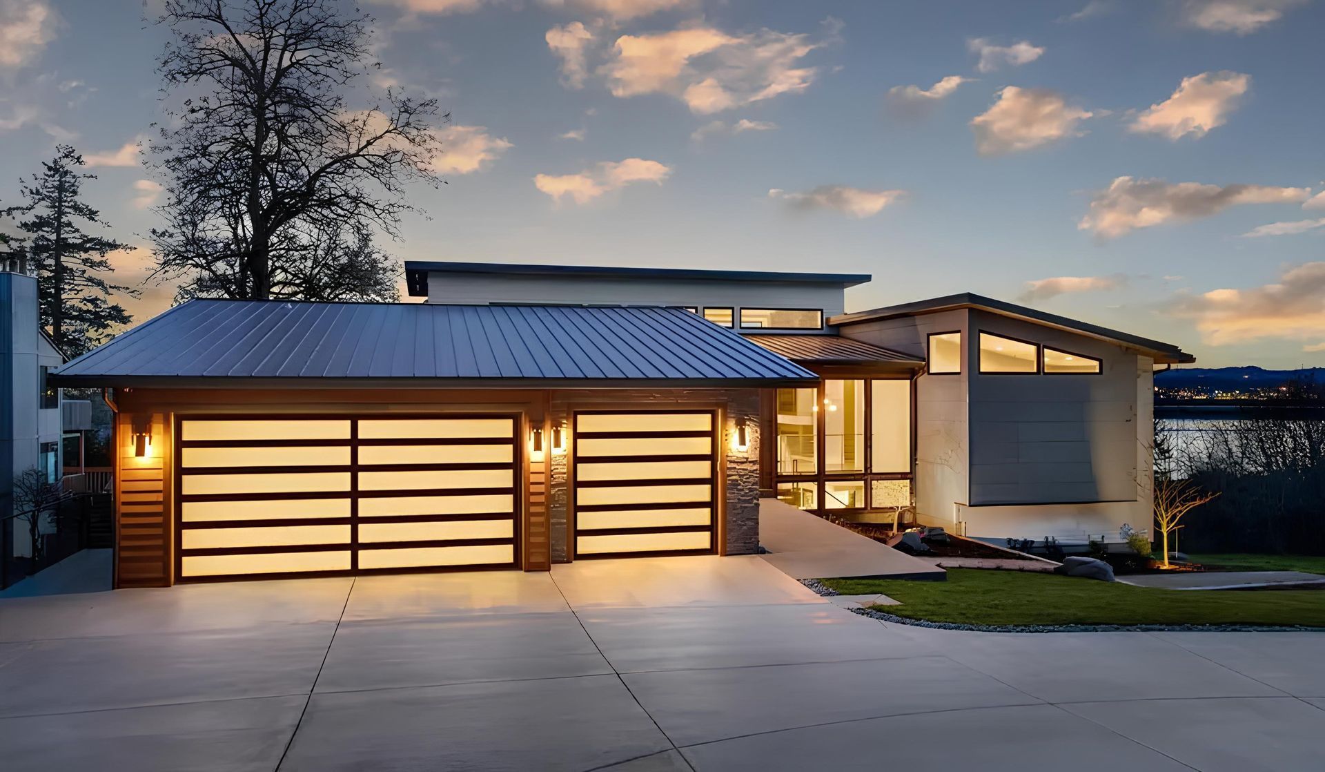 Modern home with a garage, glass doors, and warm lighting at dusk.