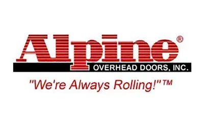 Alpine Overhead Doors logo: red text on black with slogan "We're Always Rolling!"
