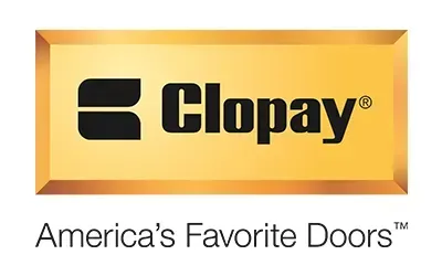 Clopay logo, black text on gold background, states "America's Favorite Doors."