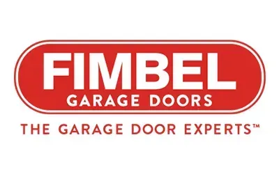 Fimbel Garage Doors logo: red and white text on a red oval, with tagline "The Garage Door Experts."