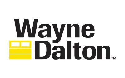 Wayne Dalton logo: Black text with a yellow garage door graphic.