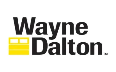 Wayne Dalton logo: Black text with a yellow garage door graphic.