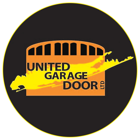 Logo for United Garage Door: orange garage outline with text, on a black circle with yellow outline.