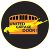 Logo for United Garage Door: orange garage outline with text, on a black circle with yellow outline.